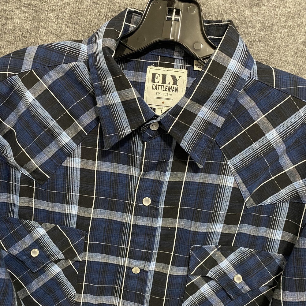 NEW Ely Cattleman Western Shirt Mens Large‎ Blue Plaid Pearl Snap Cowboy Rodeo